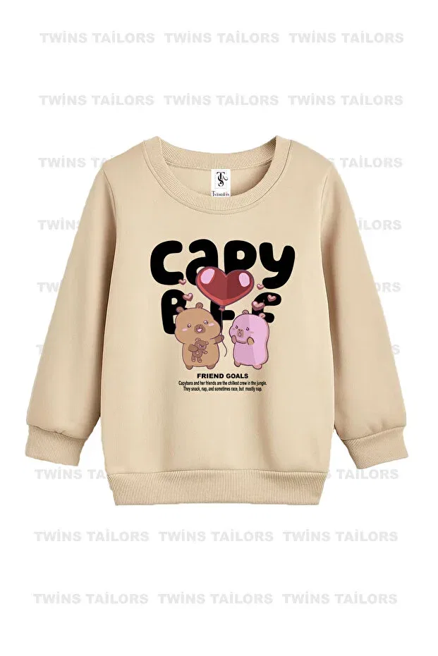 Детские свитшот для девочек с принтом Beige-Grey-Brown triple crew neck girls' sweatshirt with capybara and teddybear print and fleece inside Twins Tailors, Brown — фото 2