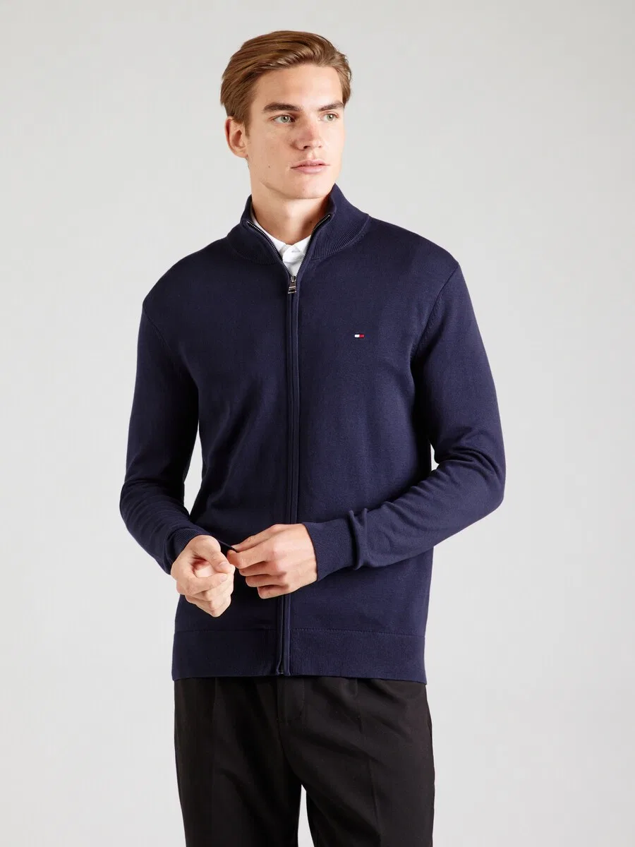 Вязаный кардиган TOMMY HILFIGER с вышивкой флага и застежкой-молнией, темно-синий — фото 3