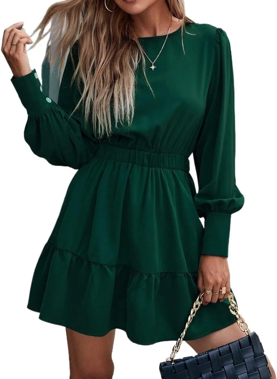 Женское платье А-силуэта с длинным рукавом и рюшами, Dark Green — фото 2