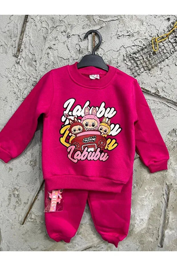 Детский комплект пижамы-спортивного костюма с длинным рукавом 3-Thread unisex children's tracksuit pajama set with toy gift Beybisi, Pink — фото 3
