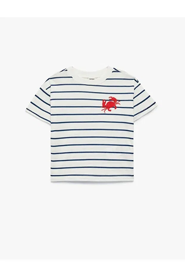 Детская футболка для мальчиков с коротким рукавом Baby boy cotton crab embroidery detailed short sleeve crew neck striped t-shirt Koton, Ecru