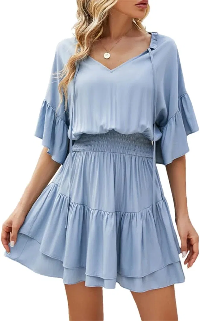 Женское A-силуэта плиссированное платье с рюшами, Blue