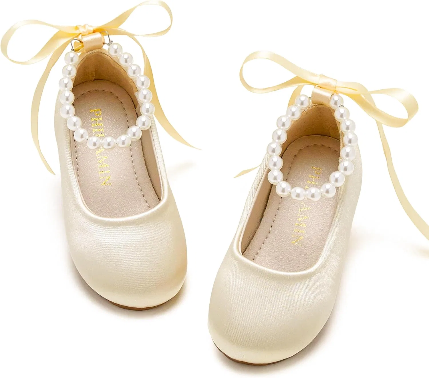 Детские туфли-балетки для девочек с жемчужным ремешком PHIRAMIN, Gold Pearl Strap