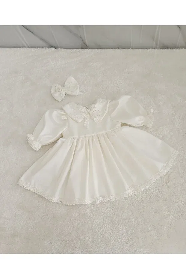 Детское платье для девочек с длинным рукавом Lace-Up Fitted Collar Dress Elwirababyboutiqe, Ecru