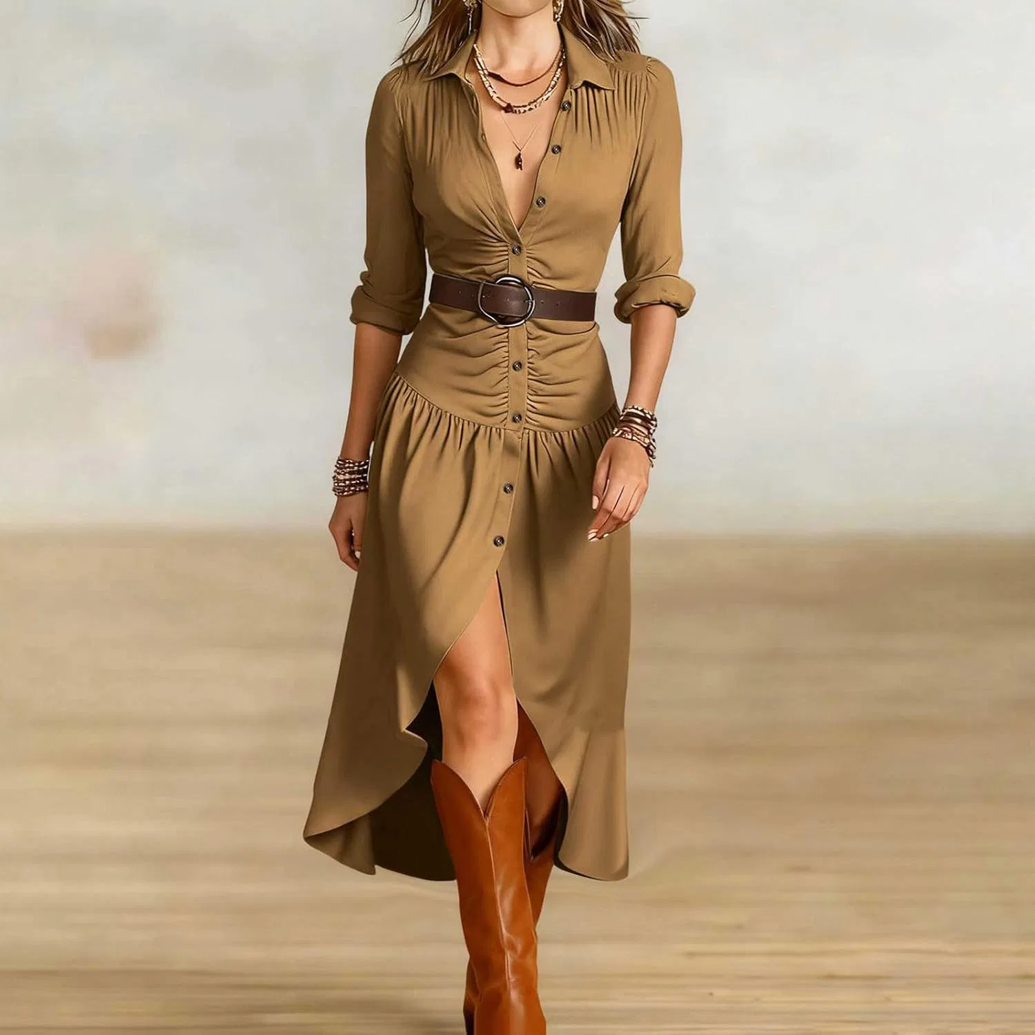 Женское длинное платье с рубашечным воротником Western, Khaki — фото 2