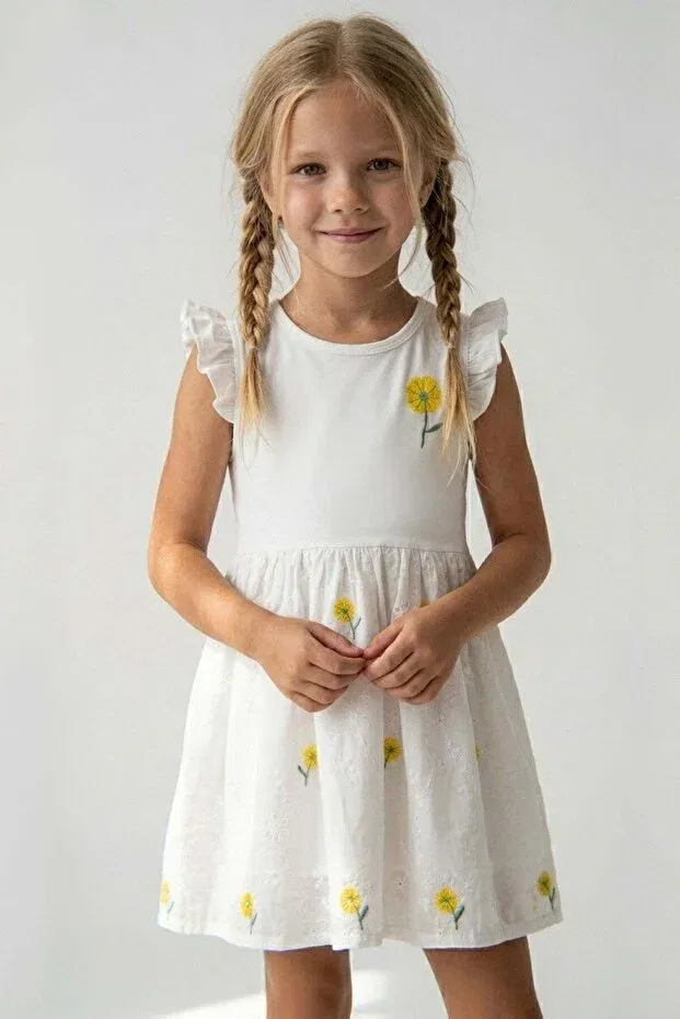 Детское платье для девочек с принтом Girl's dress yellow floral embroidered skirt with lace detail floral Breeze, Ecru