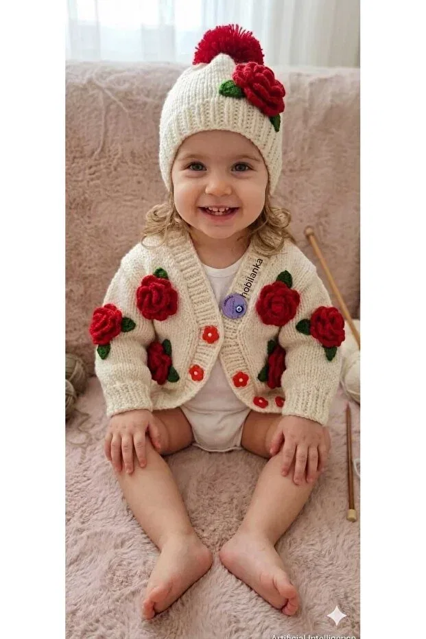 Детский кардиган для девочек с принтом Hand-Knitted baby cardigan handmade Hobilanka, Nude Color