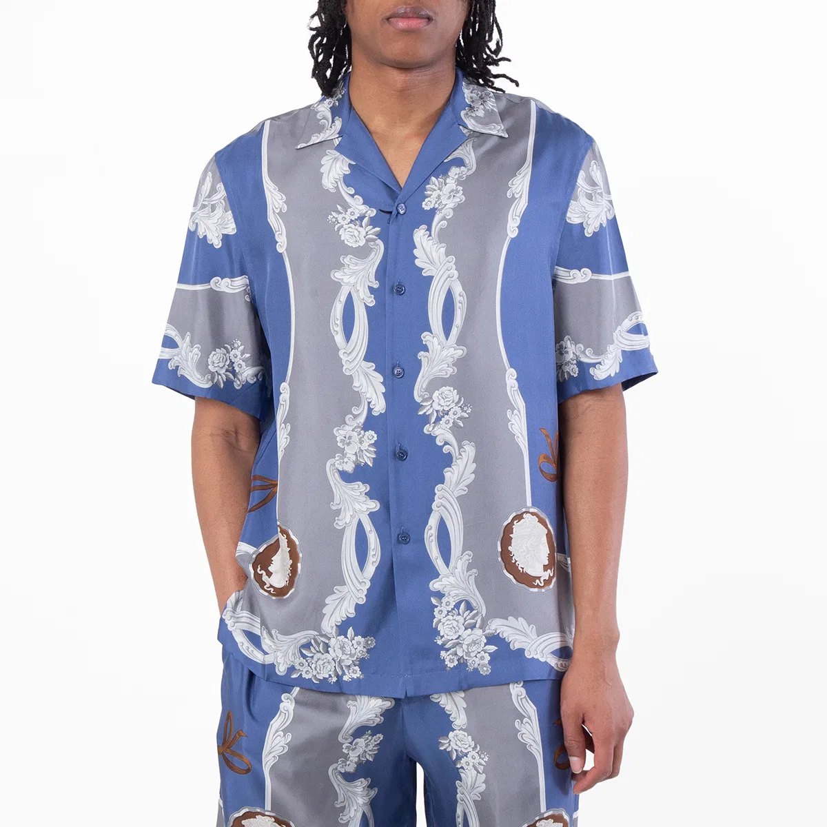 Рубашка с принтом Medusa Cameo из шелка Versace, Stone Blue/Met Dark Grey