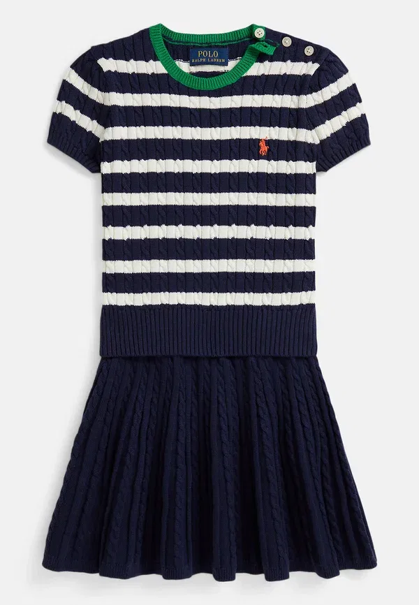 Комплект из свитера и юбки со складками, полосатый, вязаный косичкой, Striped cotton sweater & skirt set, Polo Ralph Lauren, newport темно-синий multi