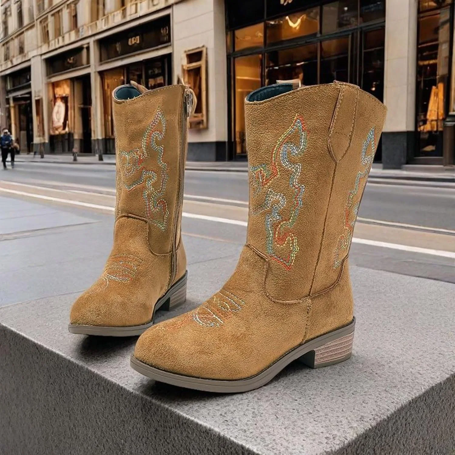 Детские сапоги для девочек с вышивкой ковбойские с боковой молнией Cowgirl Western Boots, Brown — фото 2