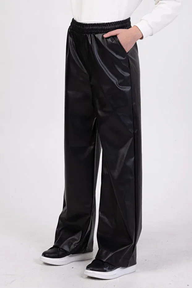 Детские брюки для девочек широкие с завышенной талией на шнурке Laced elastic waist wide leg high waist leather palazzo Dmb Boys & Girls, Black — фото 2