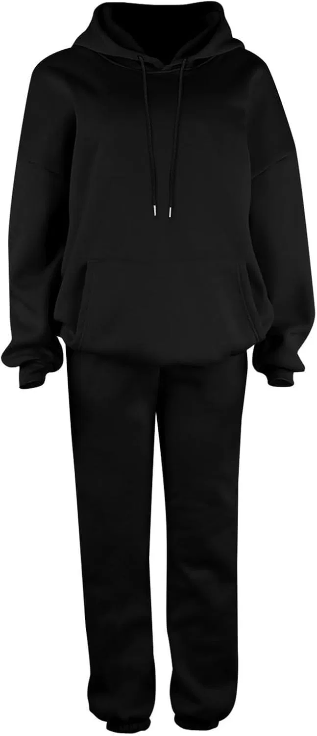 Женский комплект из худи и спортивных штанов с карманами, из флиса, Oversized Outfits, чёрный