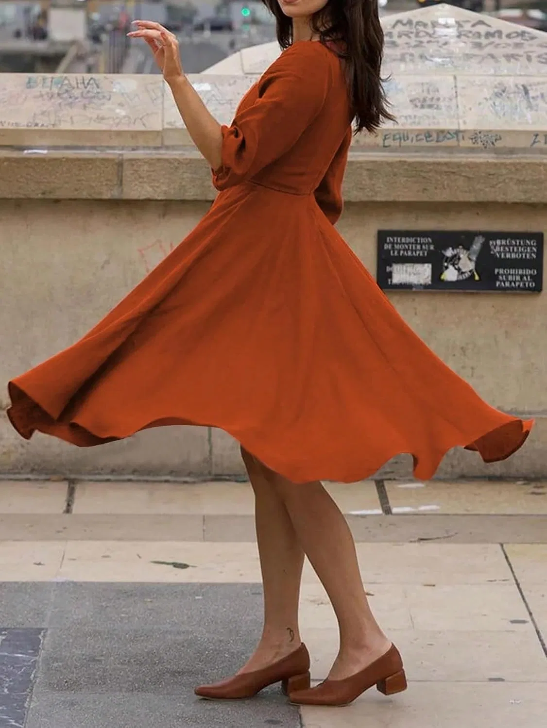 Женское повседневное миди-платье с воротником Casual Retro Waist Fit, Rust Brown — фото 4