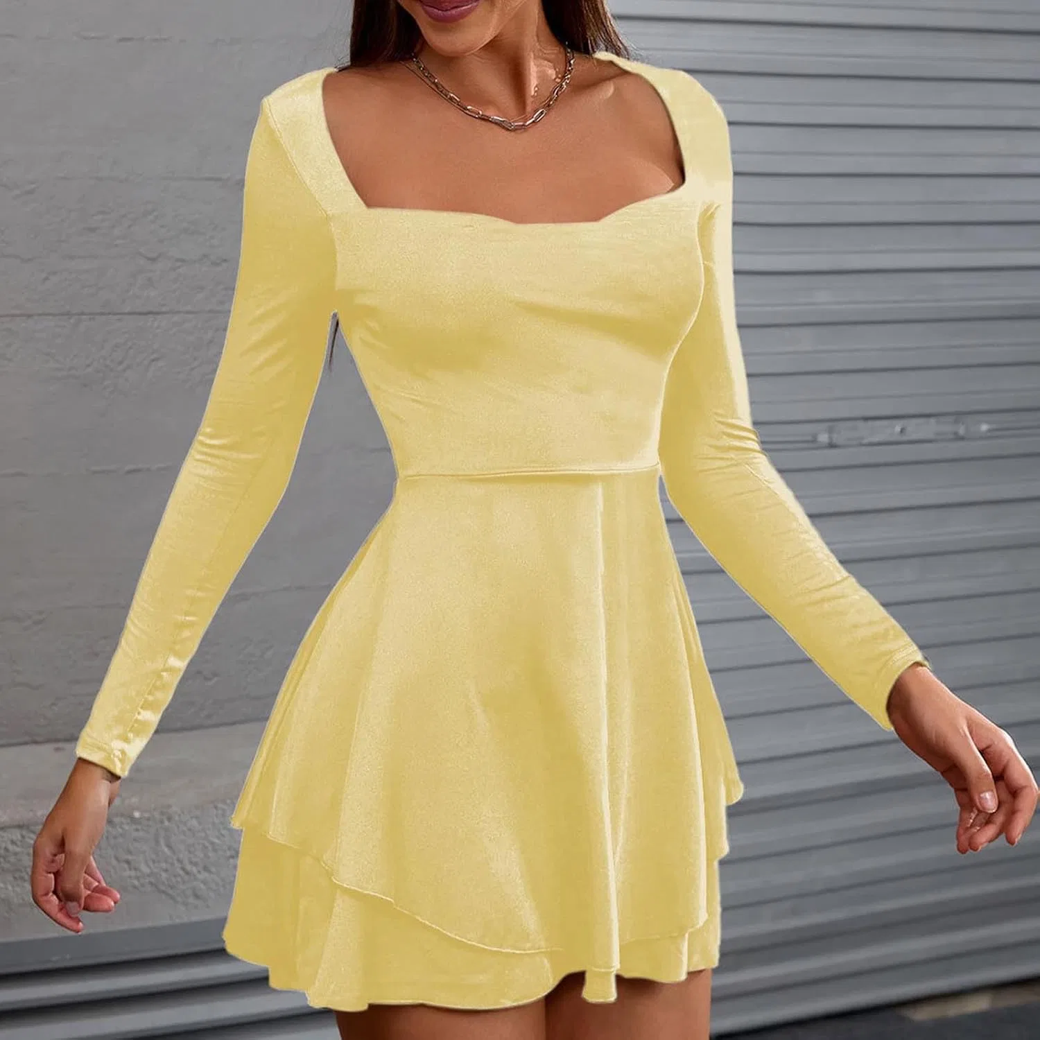 Женское мини-платье с длинным рукавом и сладким вырезом, Yellow — фото 4