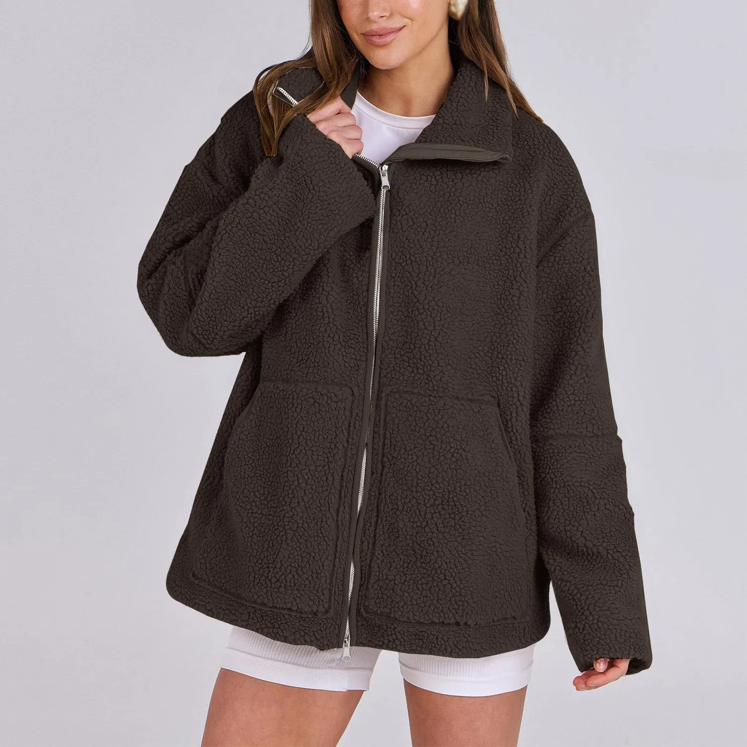 Женское пальто с длинным рукавом Oversized Fuzzy Fleece Jackets, Marrone scuro — фото 3