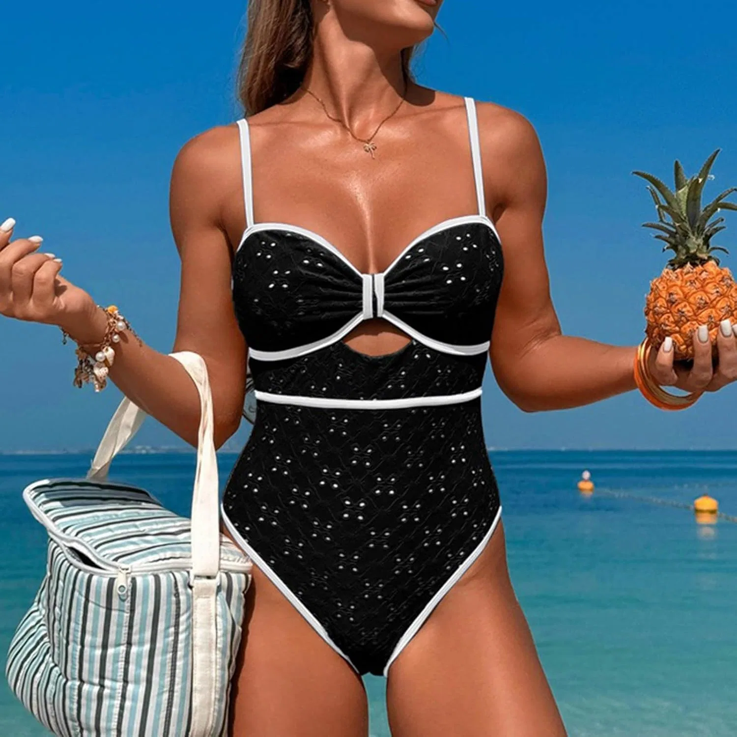 Женский слитный купальник с вырезами цвет-блок Tummy Control Retro, Black — фото 3