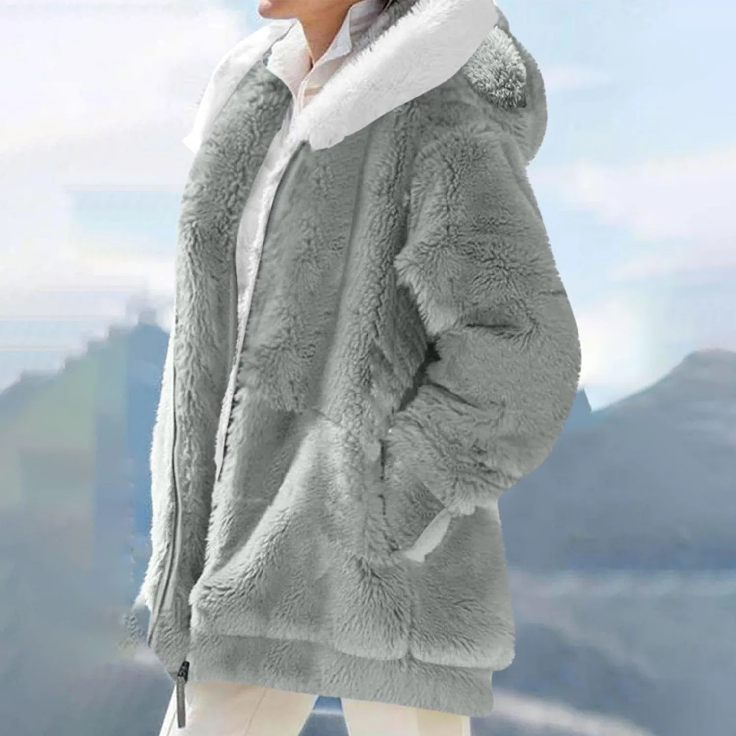 Женский флисовый жакет с принтом Faux Fur Cardigan Coat, grey — фото 3