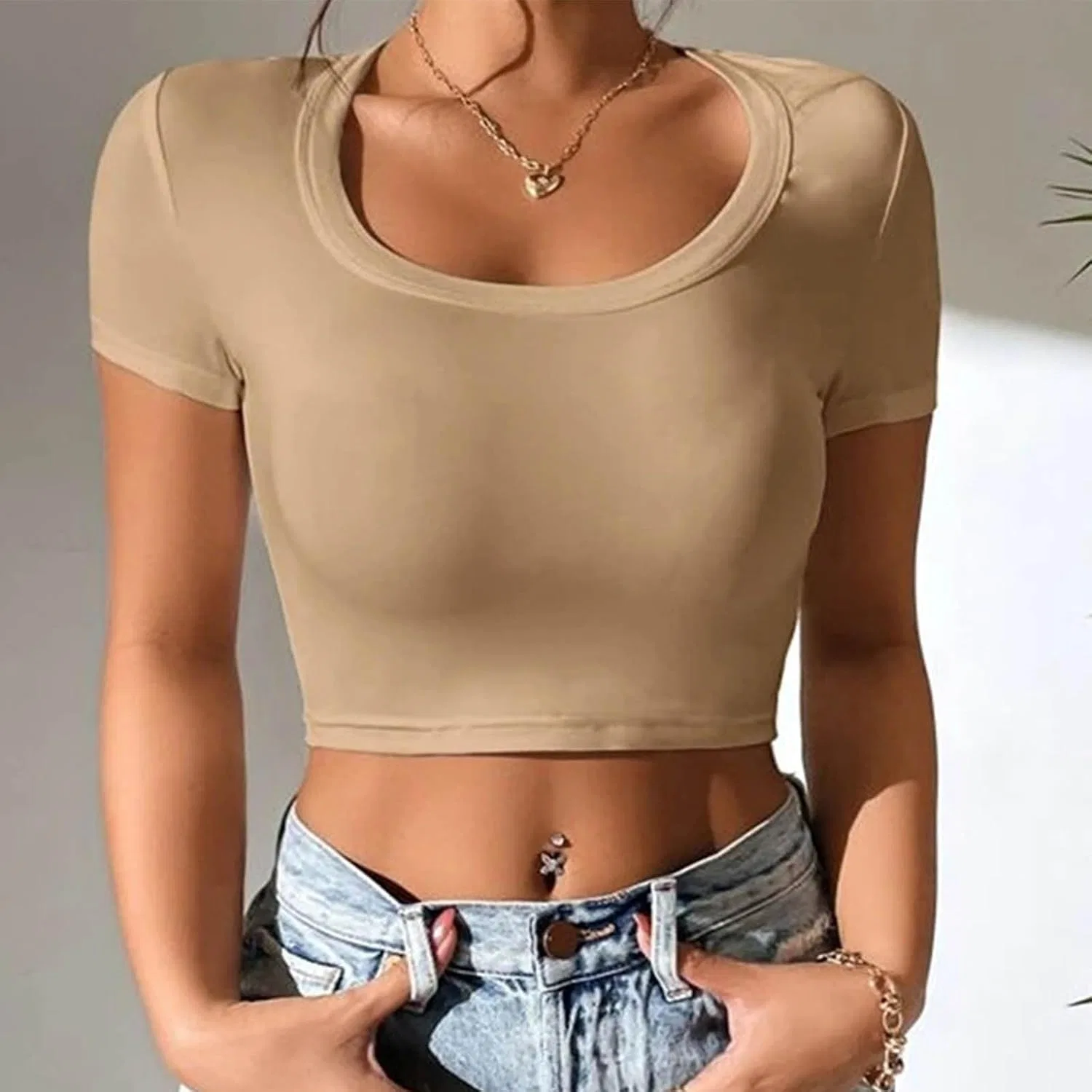Женская облегающая футболка с круглым вырезом, Ribbed Knitted, Khaki — фото 2