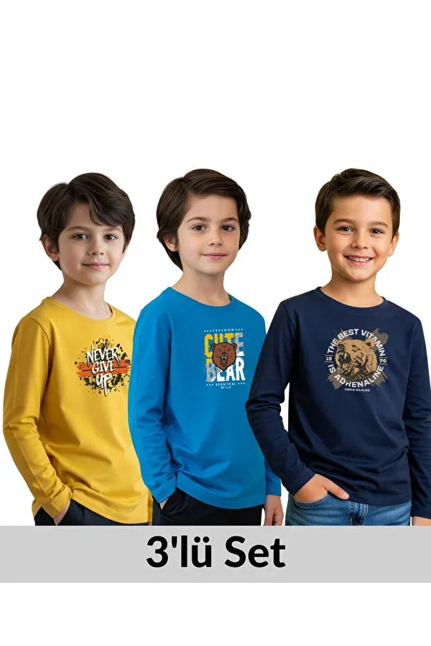 Детский комплект свитшотов для мальчиков с принтом 3-Piece zero collar printed boy's sweatshirt Ya Ko Kids, Yellow-Blue-Indigo