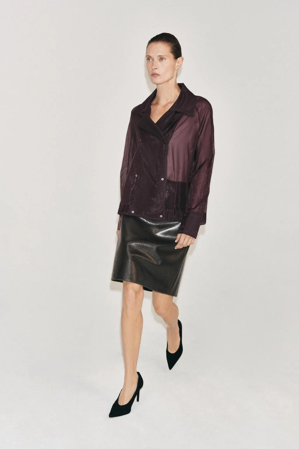 Рубашка Zara Organza ZW Collection, бордовый — фото 4