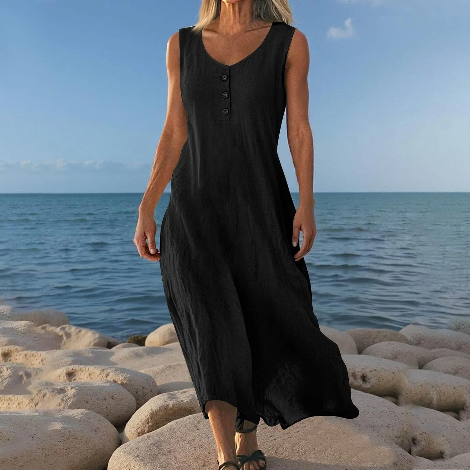 Женское платье-макси с V-образным вырезом и пуговицами, Cotton Linen, Black — фото 3