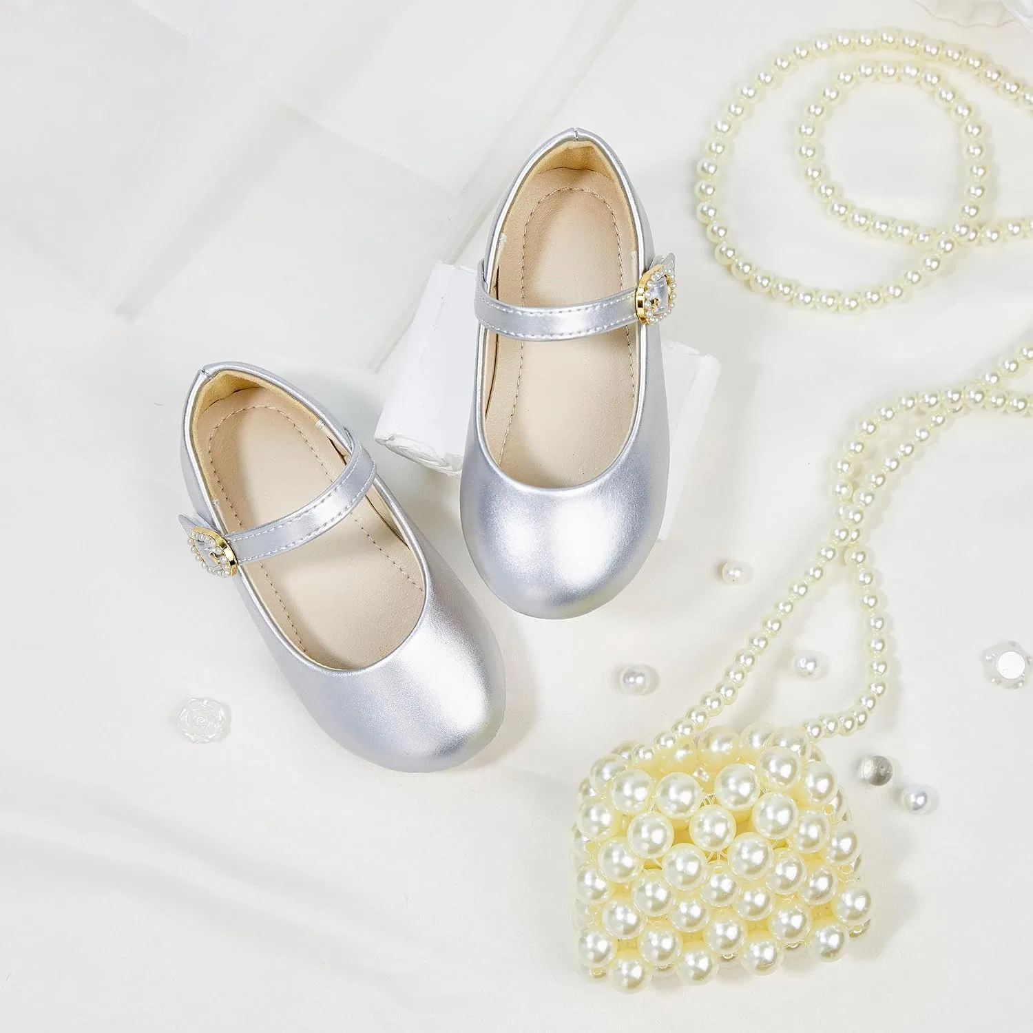 Детские туфли Мэри Джейн для девочек PHIRAMIN, Silver Pearl Buckle — фото 3