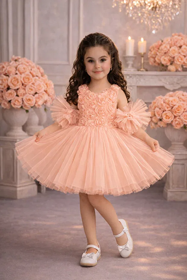 Детское платье для девочек с пайетками Pompom sleeves rose patterned tulle piece party and birthday dress evening dress Mixie, Orange