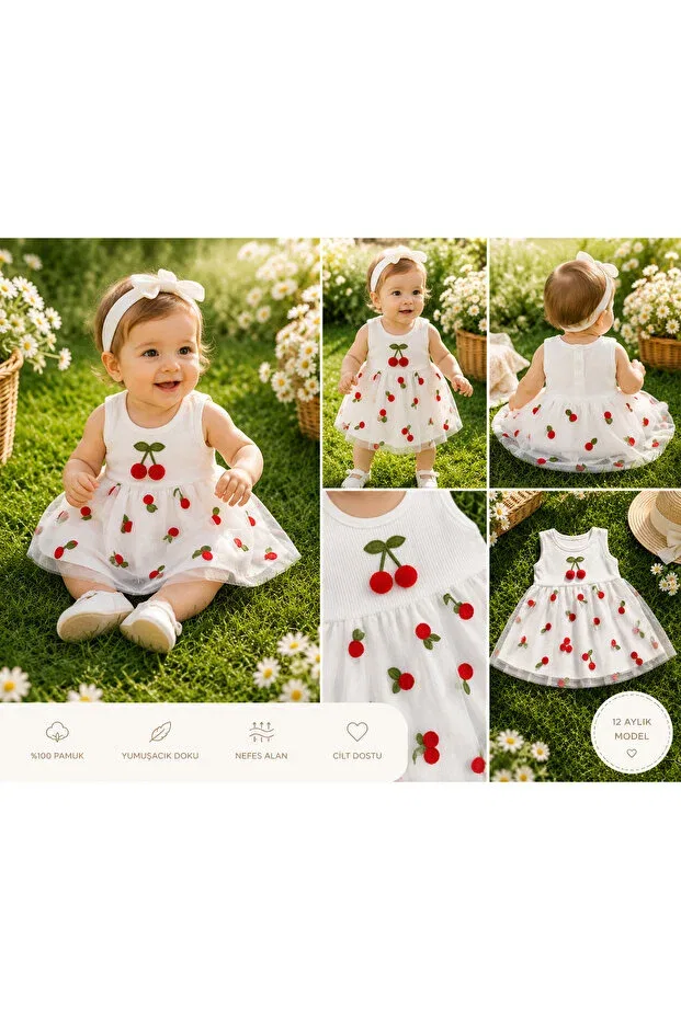 Детское платье для девочек хлопковое Cherry detailed tulle snap dress Masal Bebe Kids, White — фото 3