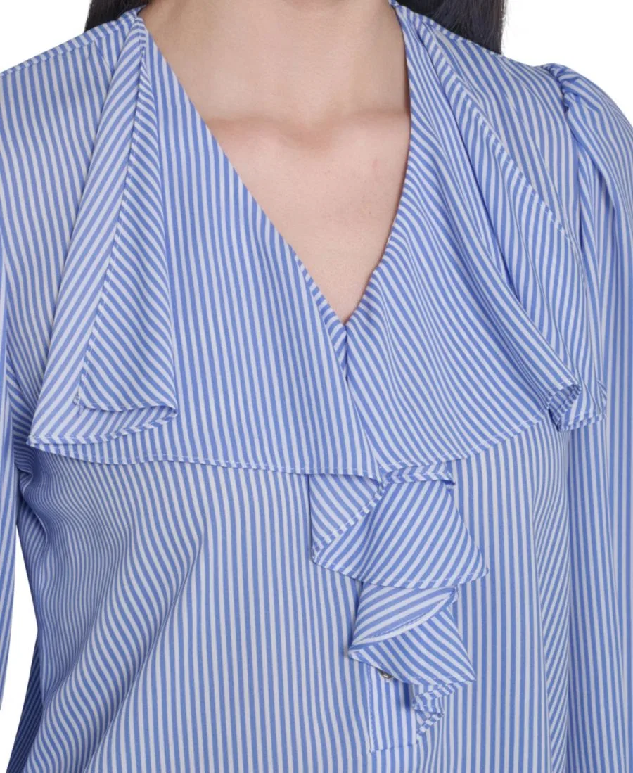 Блуза с V-образным вырезом, с рюшами и длинным рукавом Tommy Hilfiger, French Blue/Ivory — фото 4