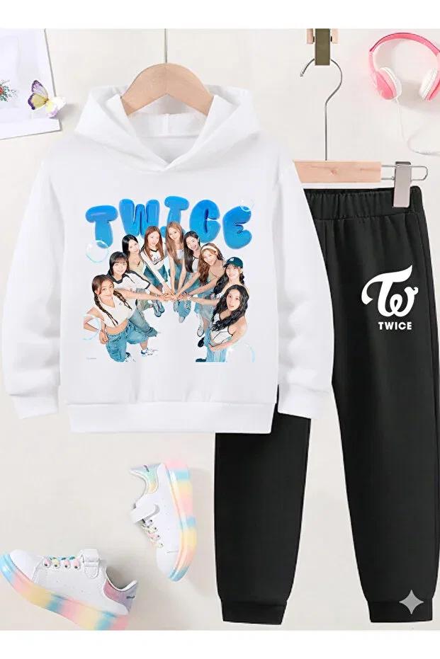 Детский комплект свитшот и брюки с принтом Twice printed sweatshirt set / k pop Stil X, White-4