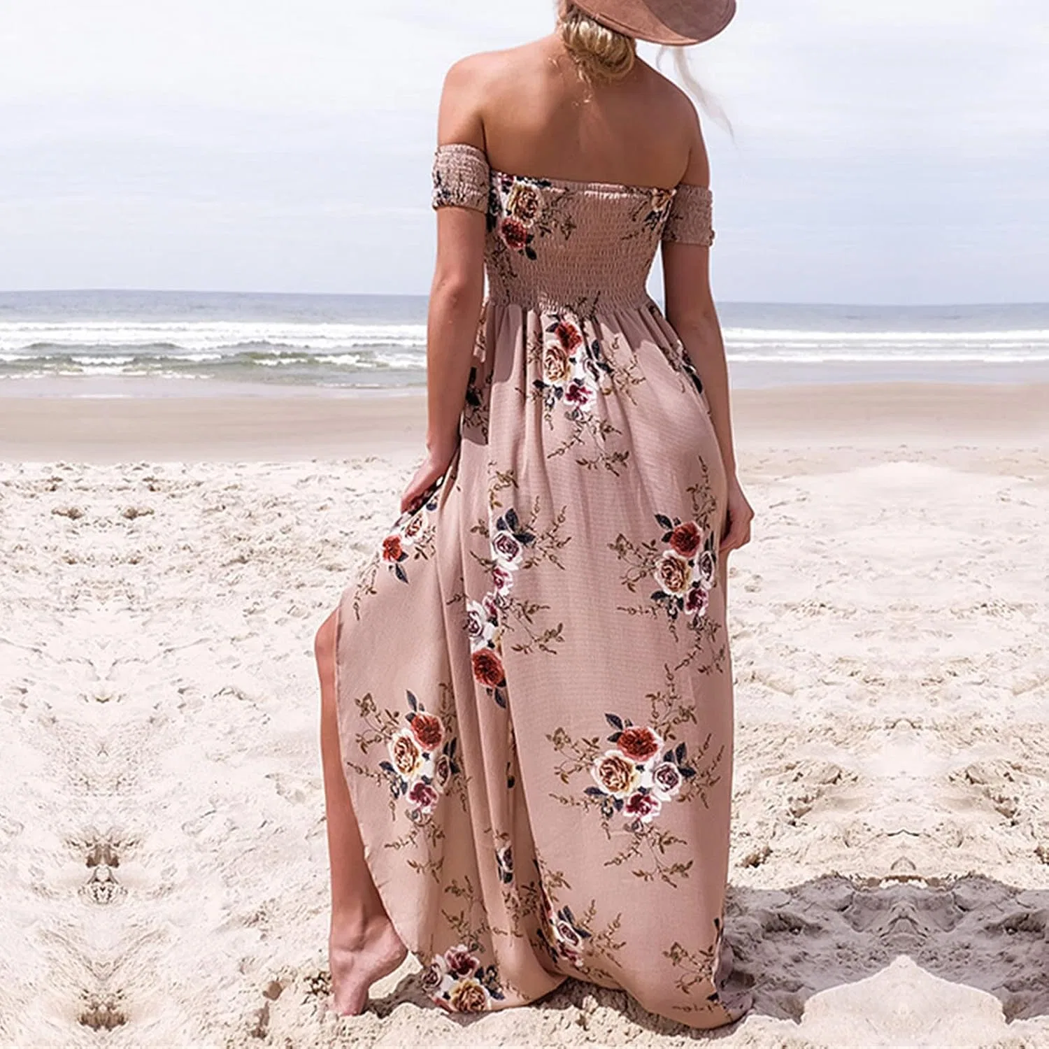 Женское богемное платье с цветочным принтом с открытыми плечами, Pink — фото 3