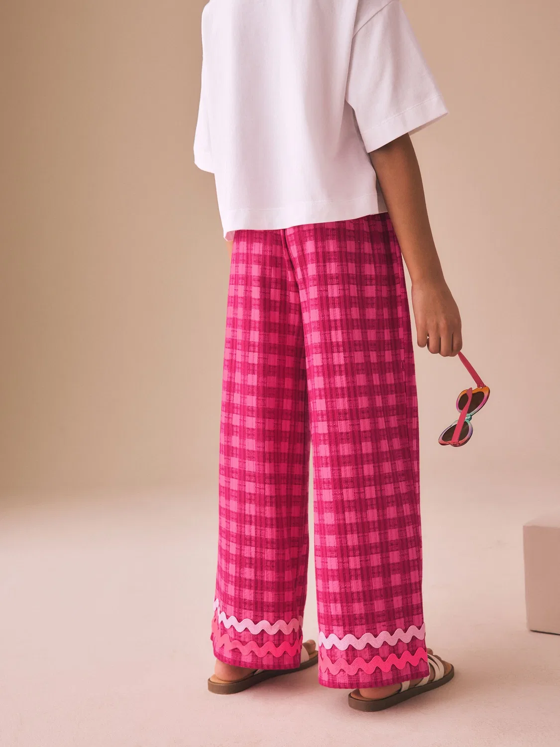 Брюки широкие с гребешковым краем, Pink Gingham Next, розовый в клетку — фото 4