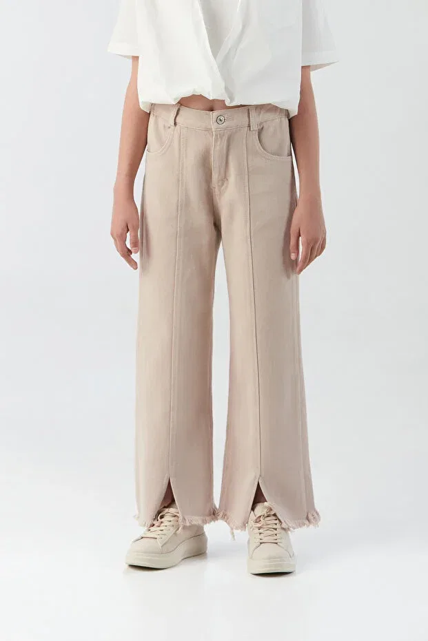 Детские брюки для девочек с бахромой и потертостями Fulla Moda, Beige — фото 2