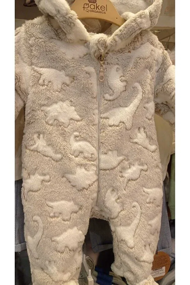 Детский комбинезон с принтом Dino pattern winter, thick welsoft plush, hooded, unisex baby girl and boy jumpsuit with zippered booties Mamman'S, Beige — фото 3