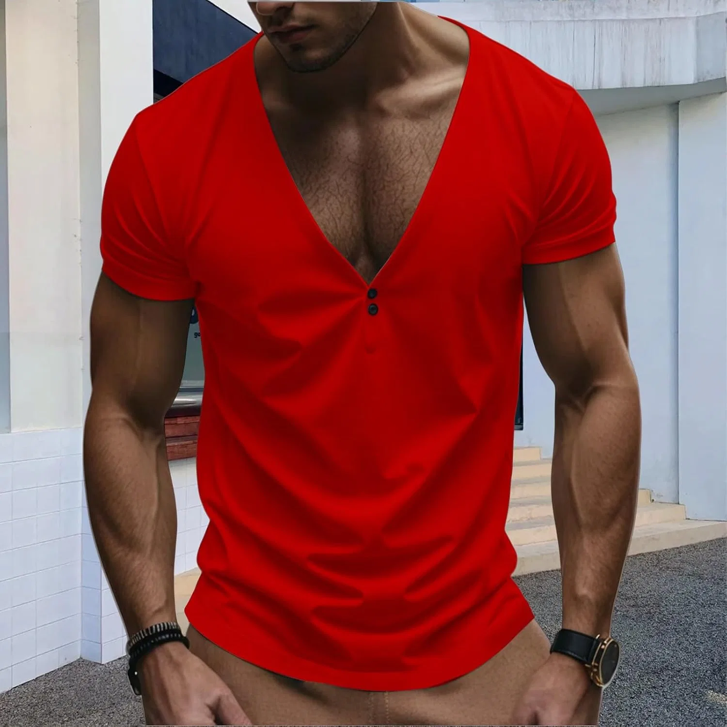 Мужская футболка с V-образным вырезом Henley, Red — фото 2