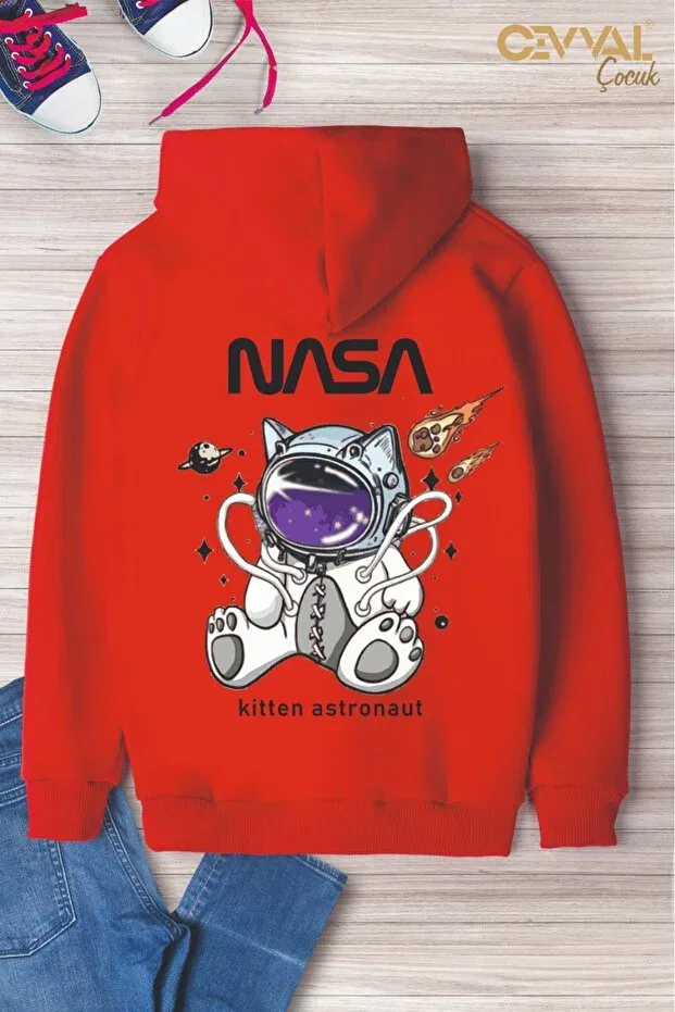 Детское худи для девочек оверсайз Astronaut cat back printed hooded cotton oversize children's sweat shirt Cevval, Red