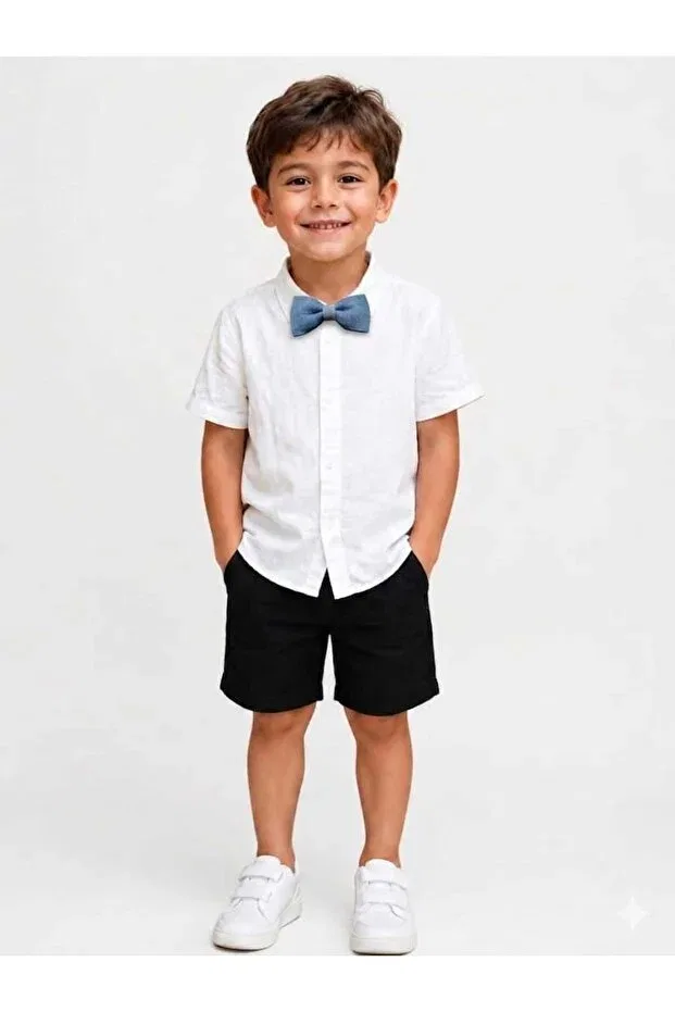 Детская рубашка для мальчиков с коротким рукавом Calemore, Wearing A Navy Blue Bow Tie