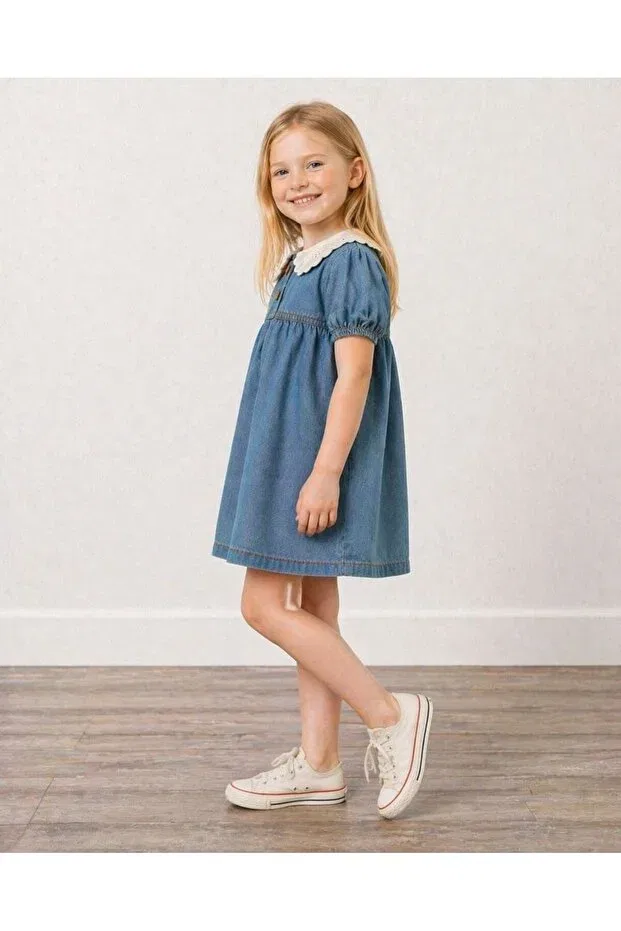 Детское платье для девочек джинсовое с кружевным воротником Yigit Butik, Blue — фото 2