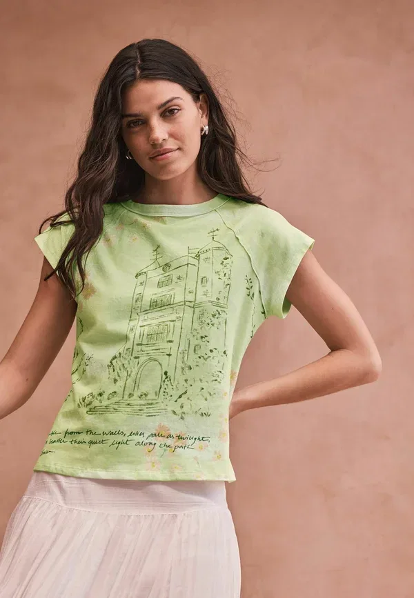 Футболка с принтом Regular fit - raw seam short cap sleeve t-shirt Next, Green Graphic, зеленый — фото 4