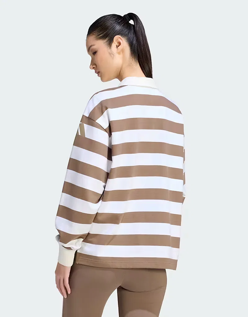 Поло Adidas Sportswear Essentials в современном стиле из французского махрового трикотажа с длинными рукавами, хаки/белый — фото 2