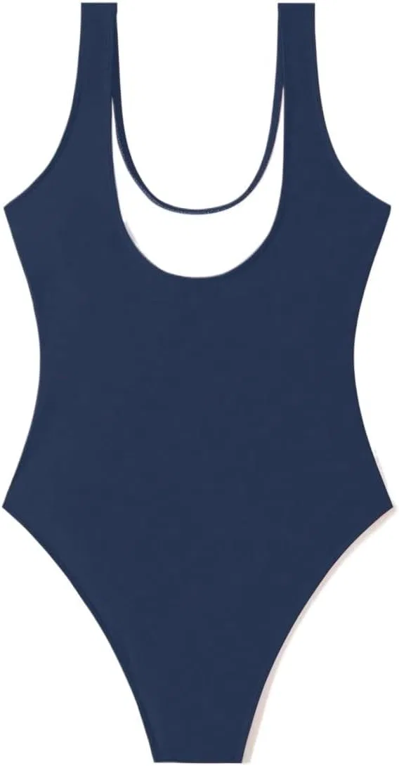 Женский высокий вырез цельный купальник без спинки, Navy Blue