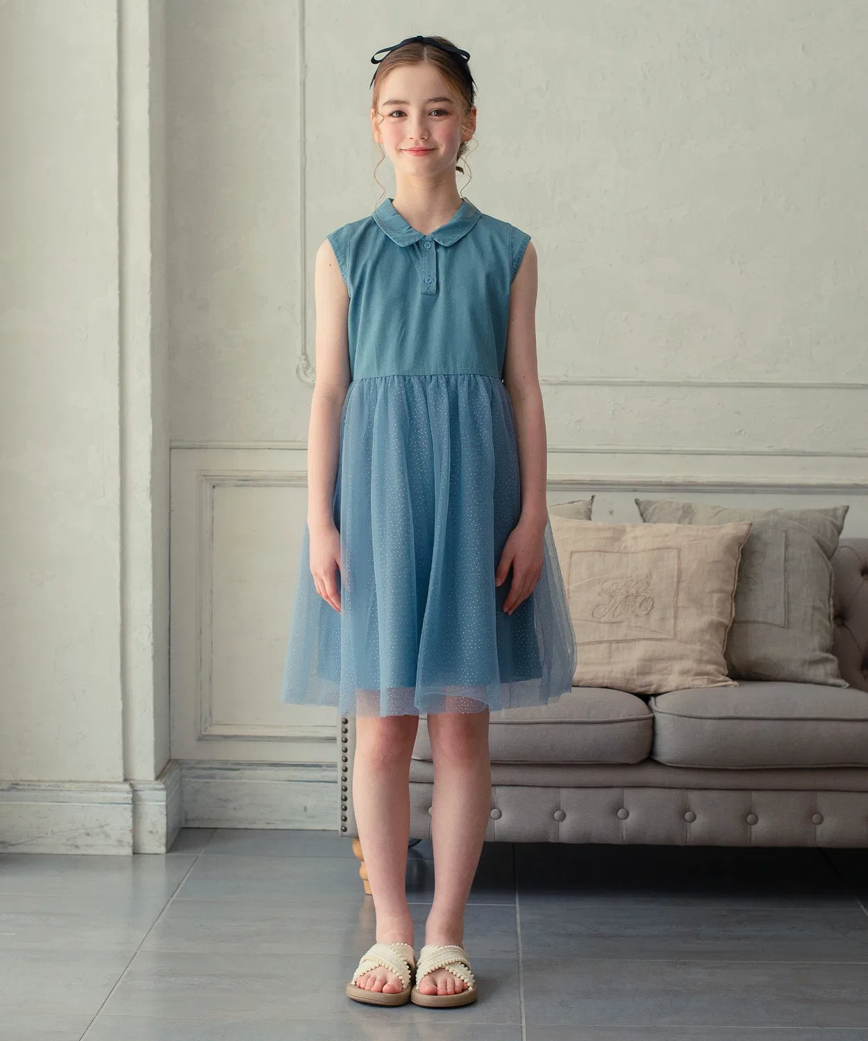 Детское платье без рукавов с принтом в горошек Light Denim Tulle DRESCCO, Blue — фото 2