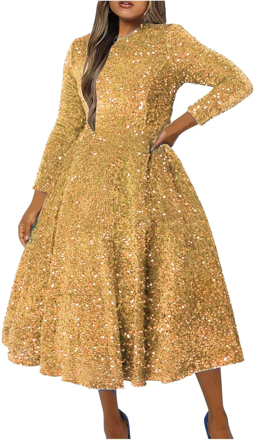Женское платье макси с пайетками A-line, Gold