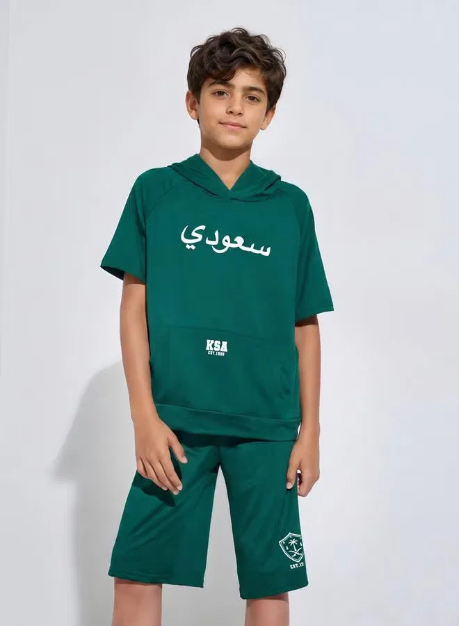 Styli Комплект худи и шорт с принтом Teen Boys KSA National Day, темно-зеленый — фото 2