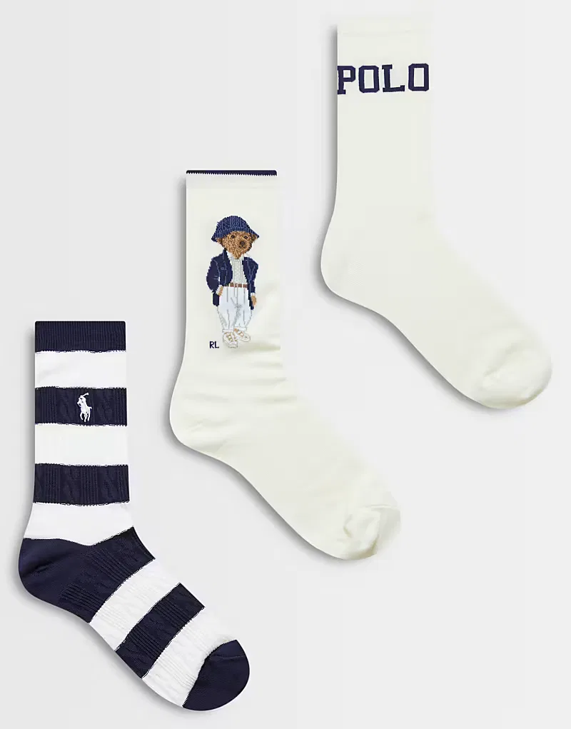 Набор из 3 пар носков Polo Ralph Lauren с логотипом в виде медвежьей полоски, разноцветные