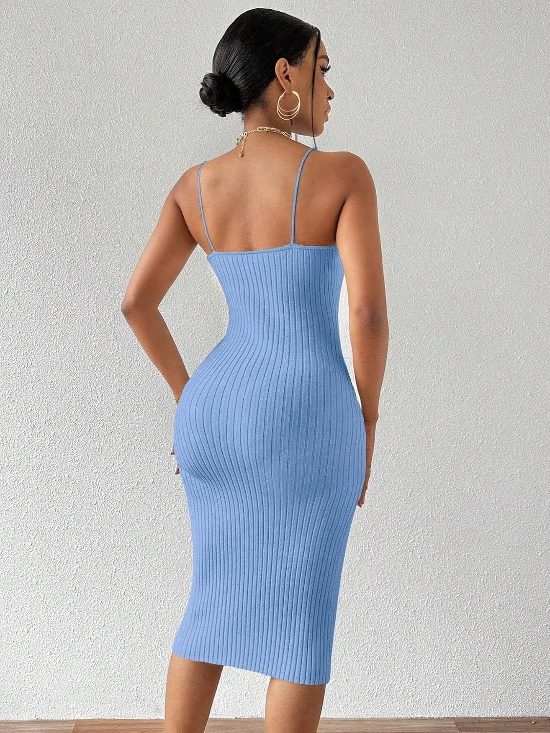 Женское облегающее платье миди без рукавов с открытой спиной Rib Knit, Blue — фото 3