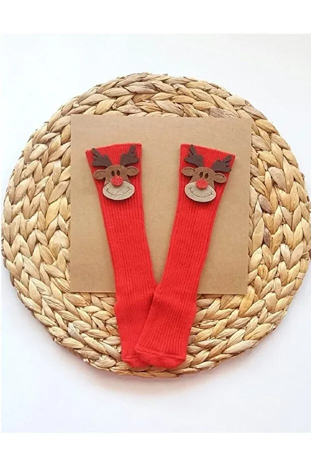Детские носки для девочек с принтом Asa Bebek Çocuk, Red Felt Socks With Deer Design