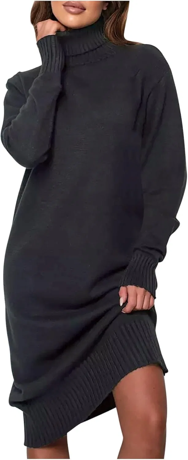 Женское платье из футера с высоким воротом и длинным рукавом, Dark Gray-1