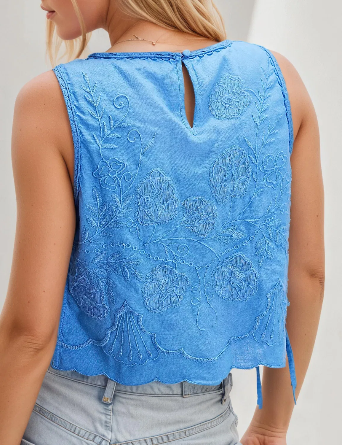 Женский топ без рукавов с принтом Donne Estate Spiaggia Boho Eyelet Ricamato Cravatta Canottiere Button Down Moda Carino Y2k Vestiti, Blu Floreale — фото 2