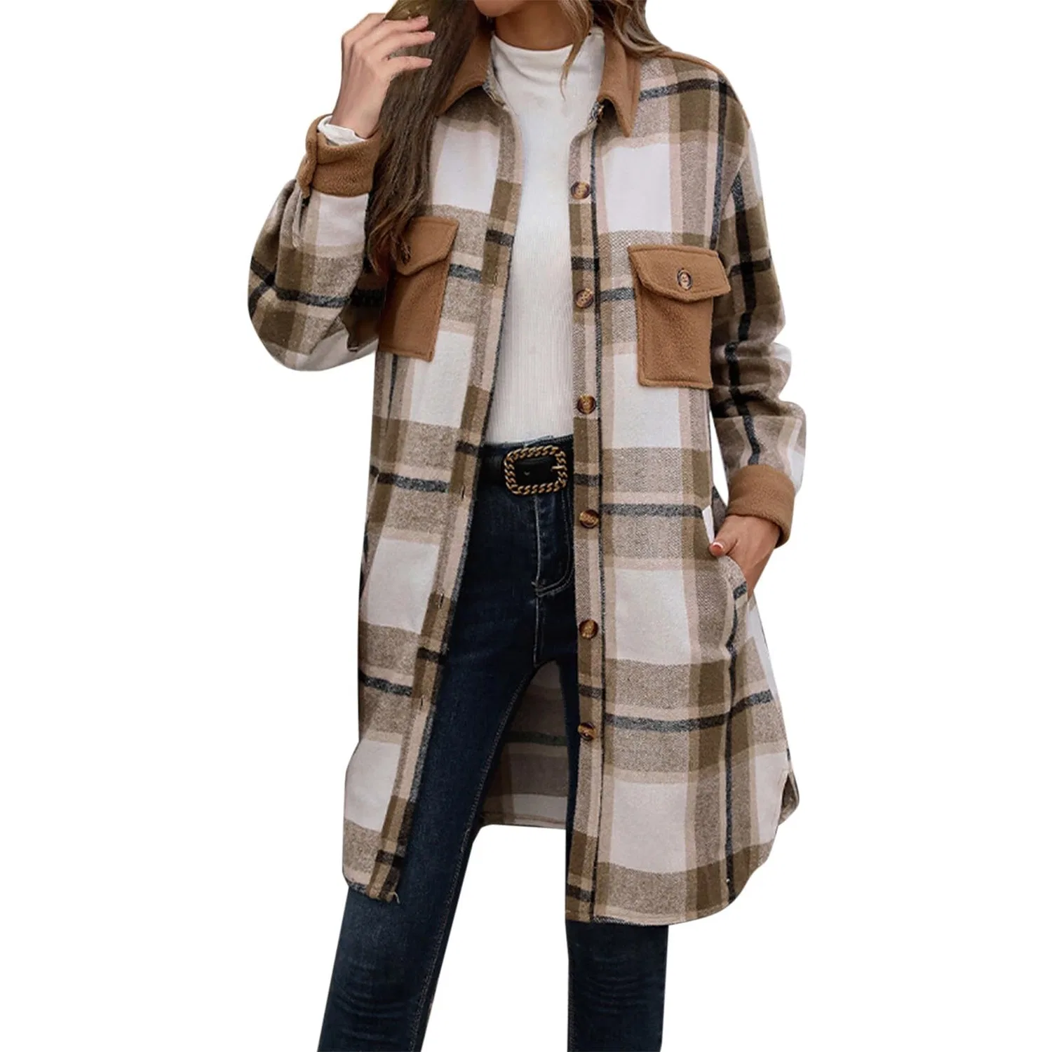 Женский жилет с принтом в клетку Autumn 2024 Plaid Lightweight Lined Long Fashion Casual Elegant Jacket with Pockets Coat Elegant, Caff file
